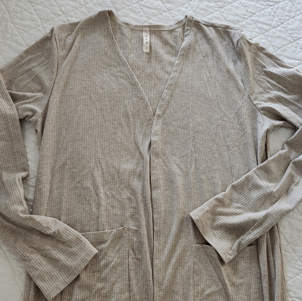 MTS Heathered Oatmeal Ribbed Long Sleeve Long Length Cardigan, Size L